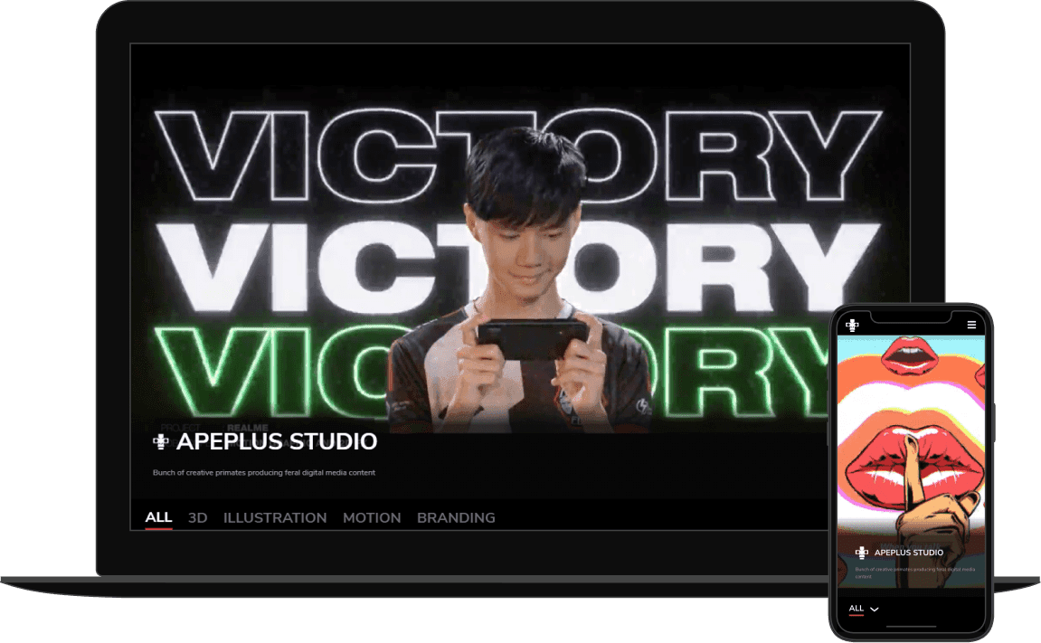 The Apeplus Studio home page on a laptop and a phone.