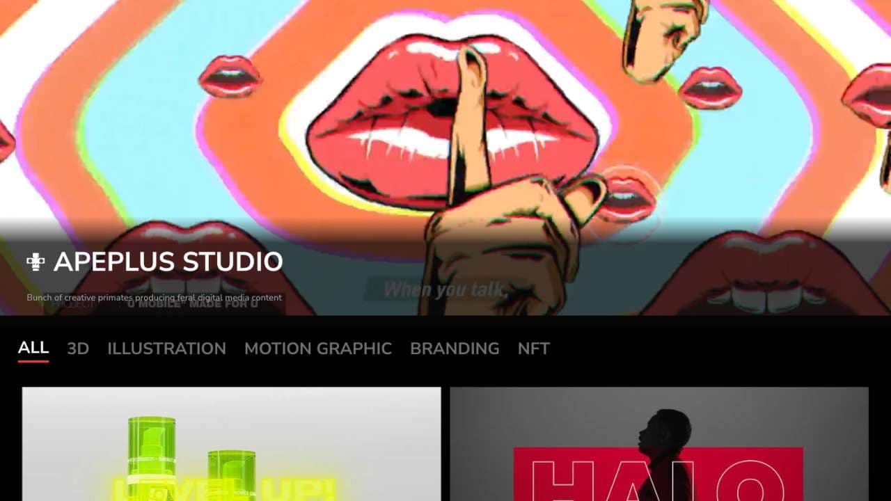 Apeplus Studio home page with a motion still and the project filter: 3D, illustration, motion graphic, branding, NFT.