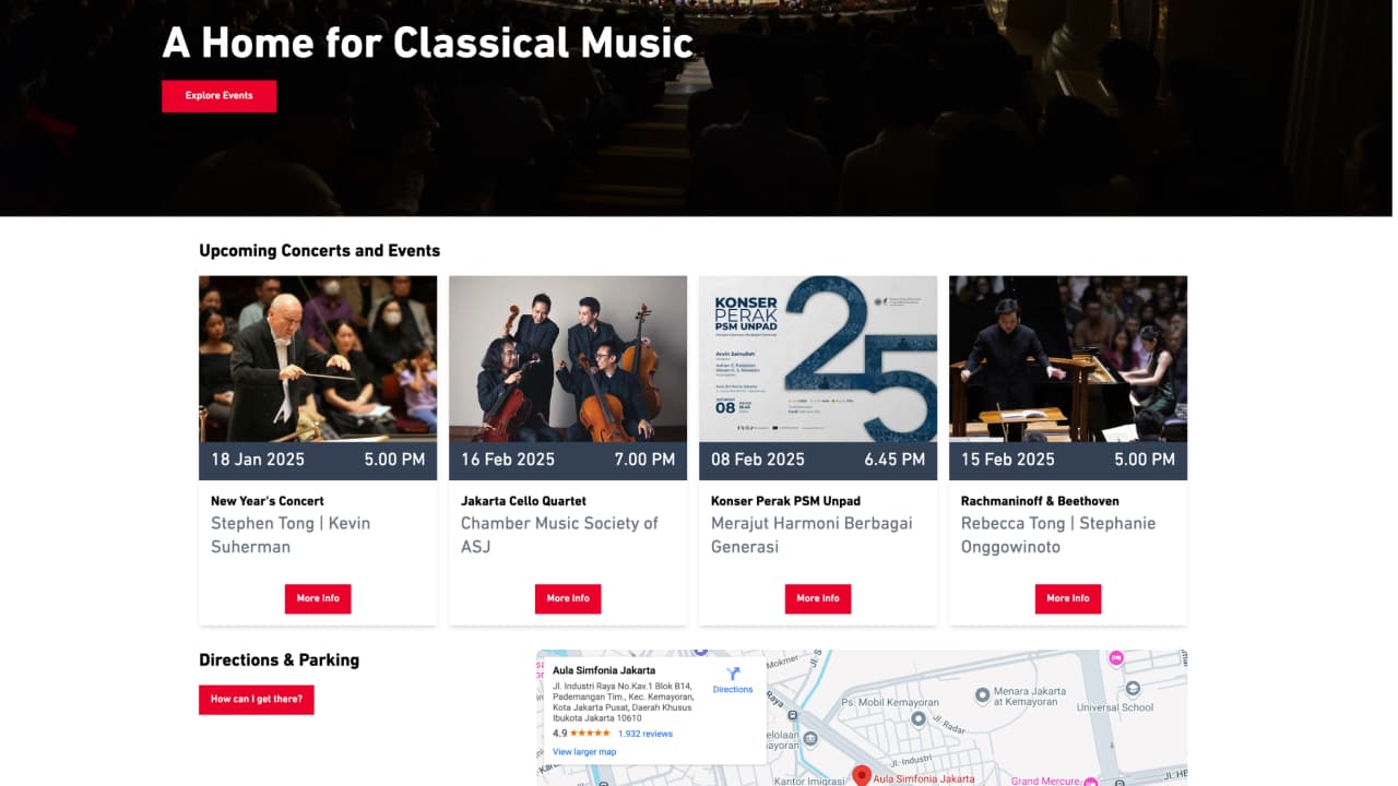 Concert listings with dates, times and performers for upcoming events.