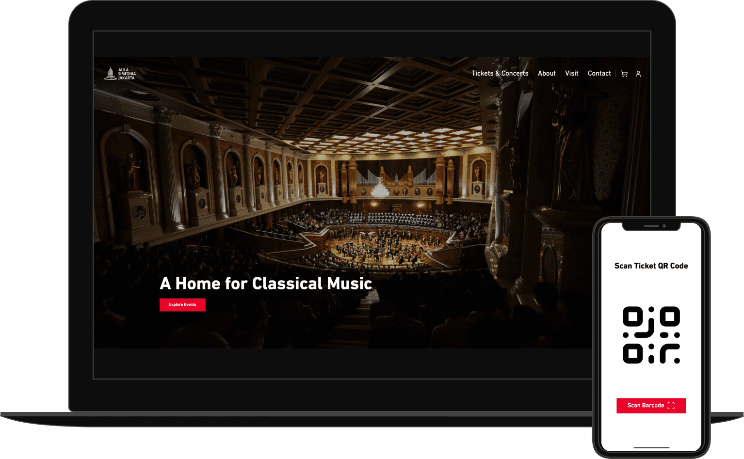 The Aula Simfonia Jakarta home page on a laptop, beside the ticket scanner on a phone.