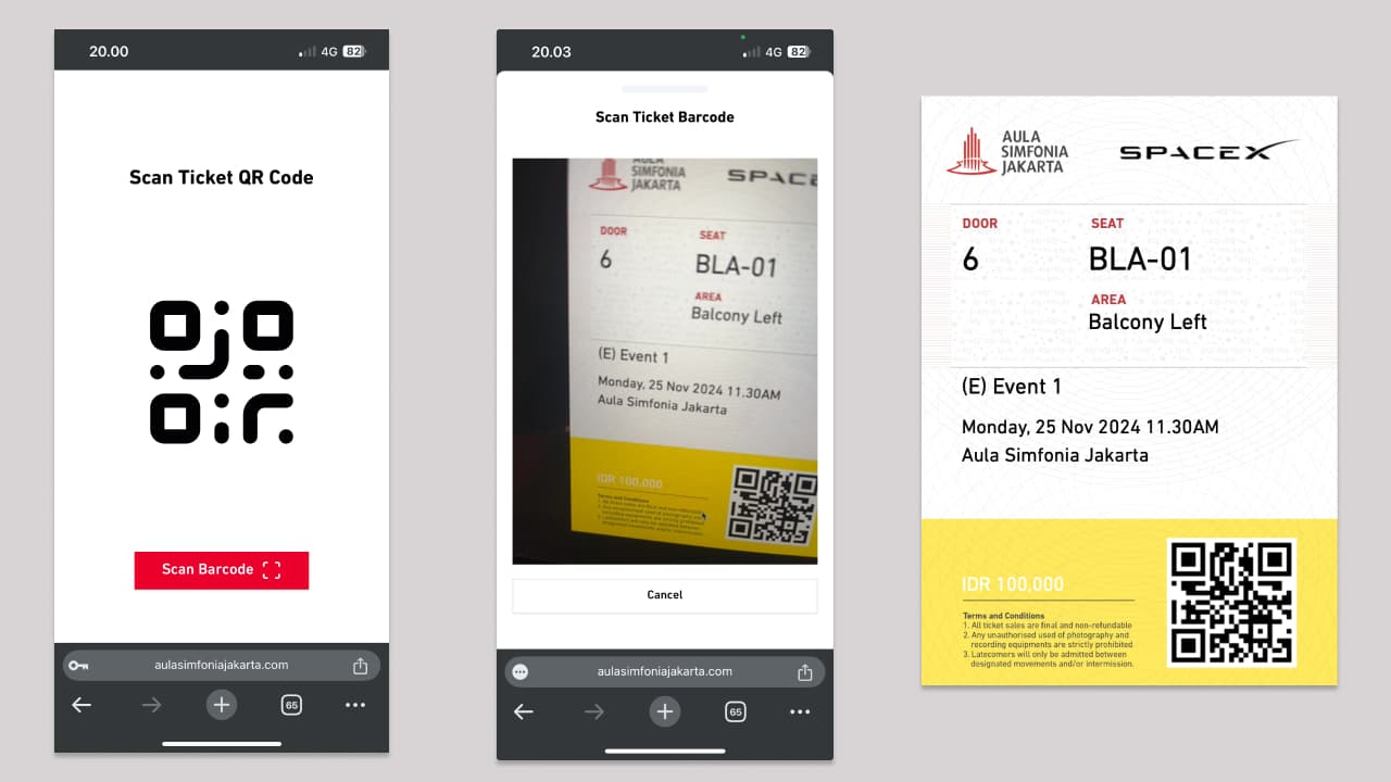 Phone screens for scanning a ticket QR code at the door, and the issued ticket with seat and door number.