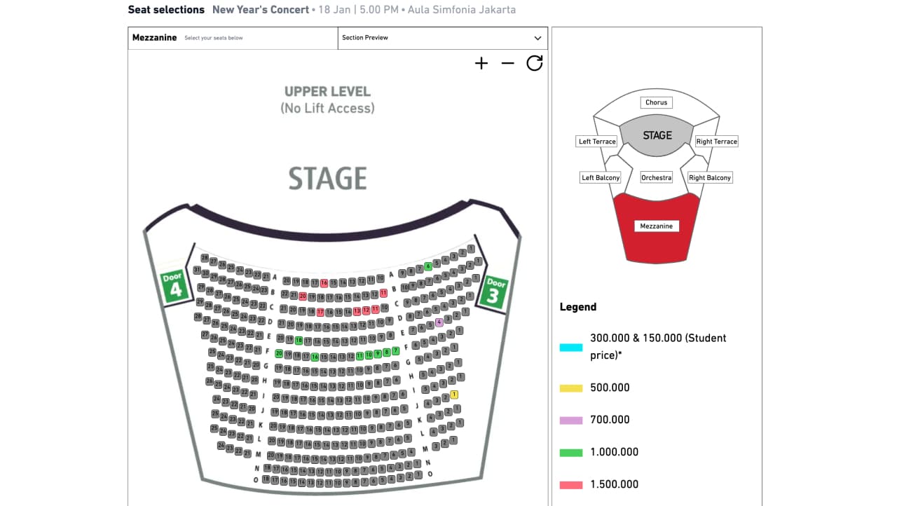 Seat map of the hall with the stage, price tiers by colour and a legend.