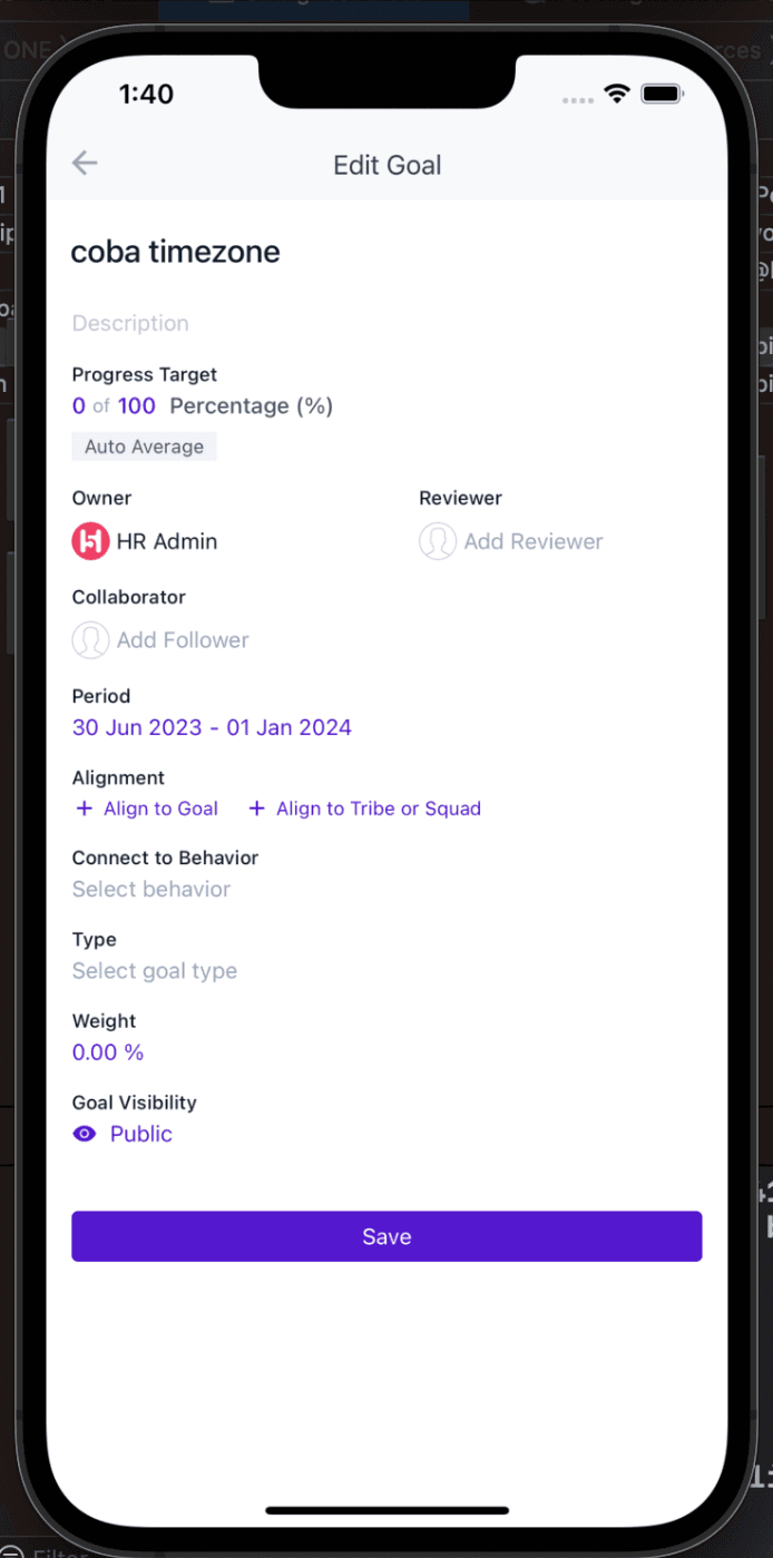 Mobile screen for editing a goal: progress target, period, reviewer and weight.