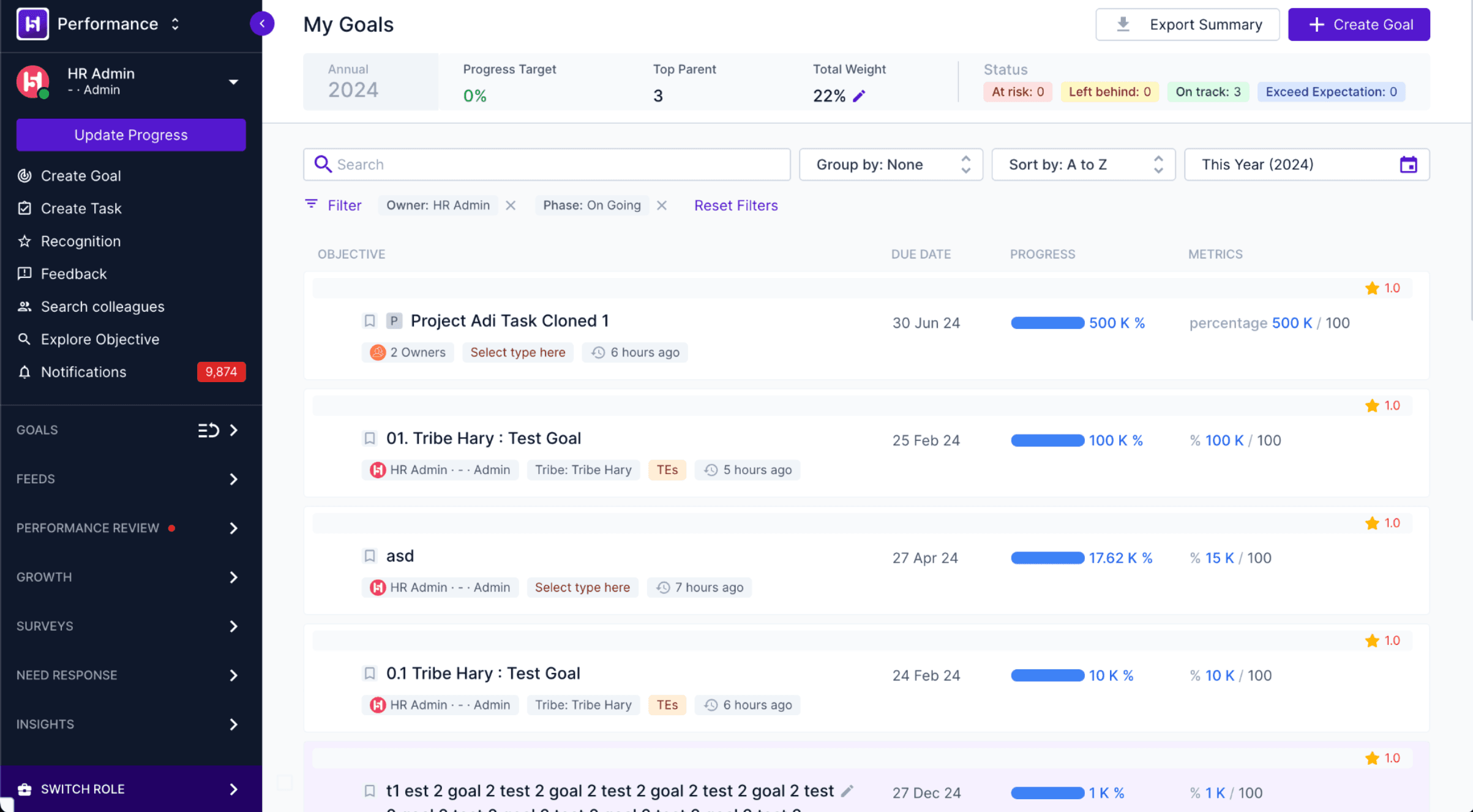 Goals list with progress bars, due dates and filters.