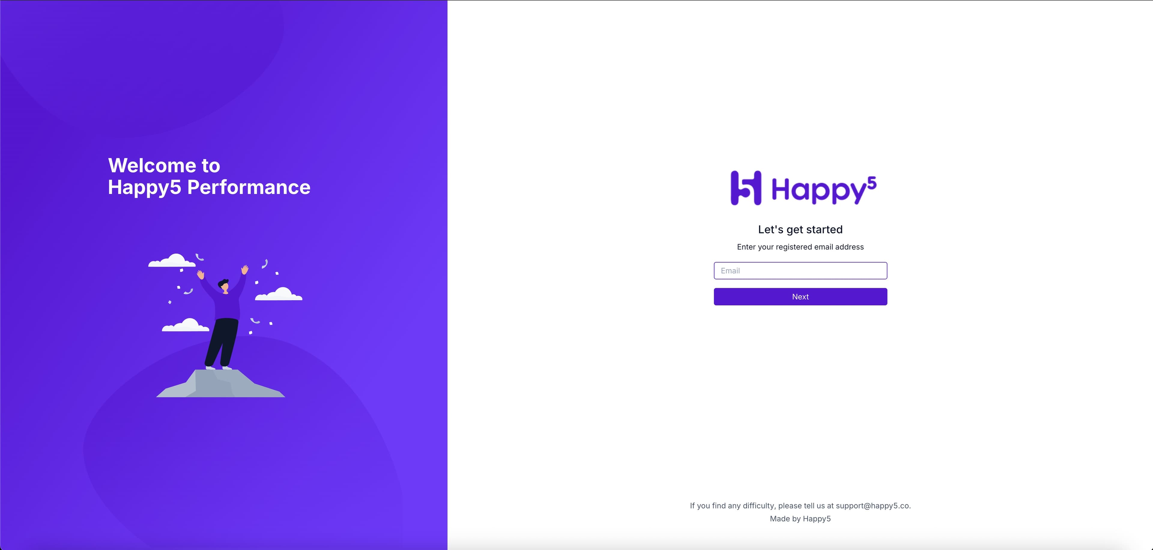 Happy5 Performance sign-in page with an illustration on the left and an email field on the right.