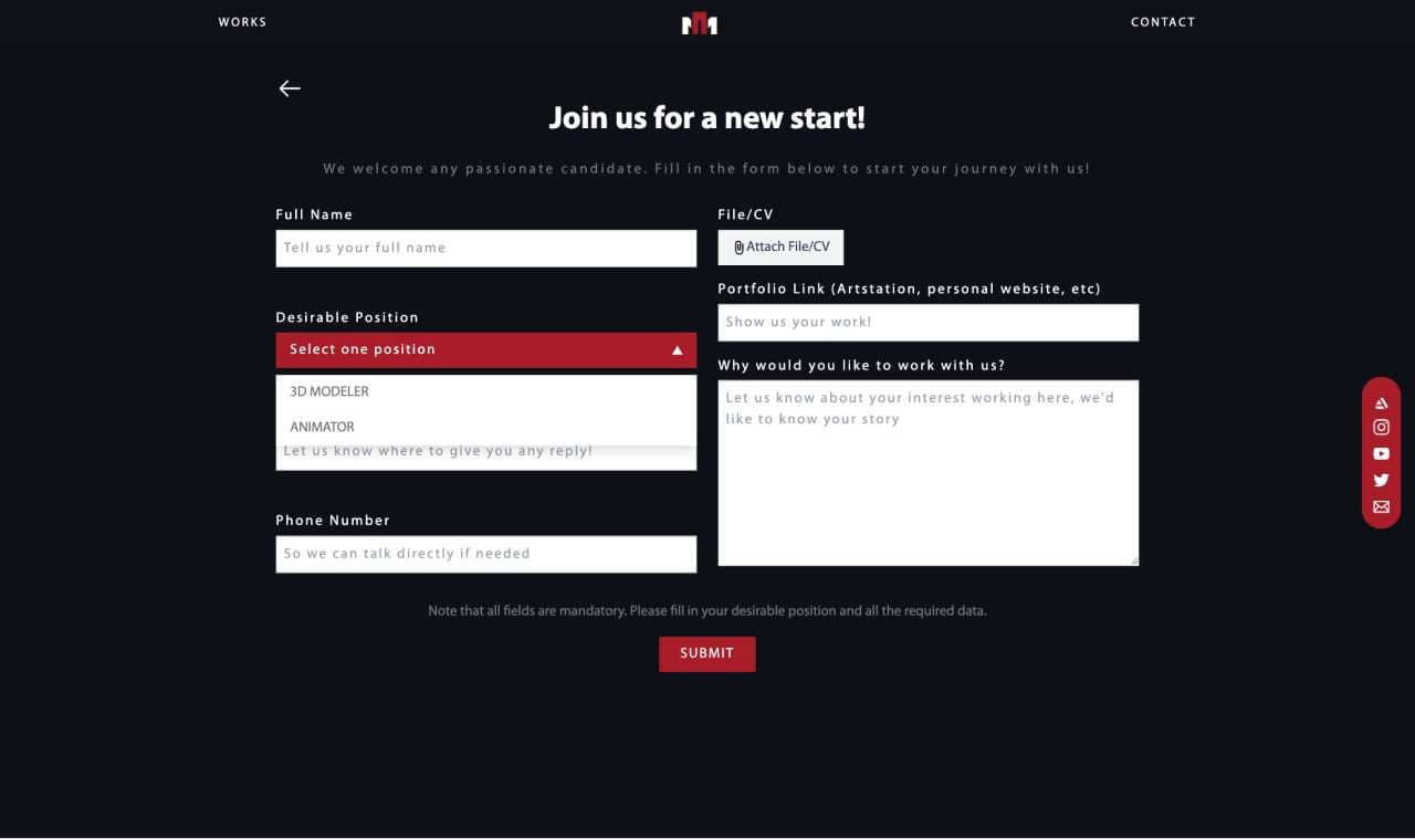 Career form with name, position, portfolio link and a file upload.