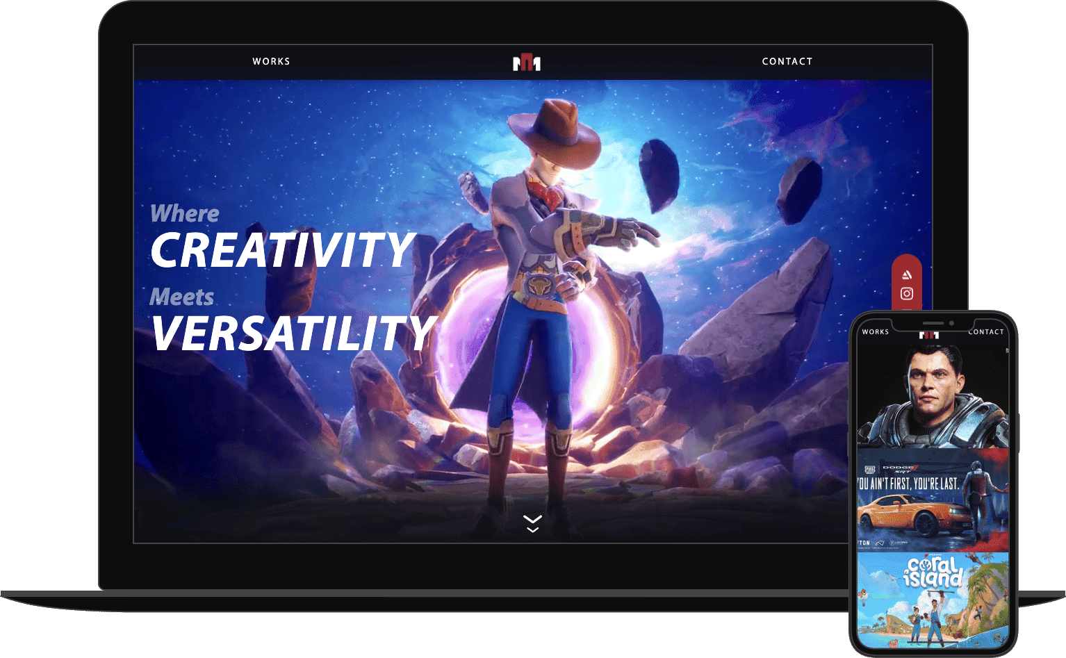 The Mosmoss home page, “Where creativity meets versatility”, on a laptop and a phone.