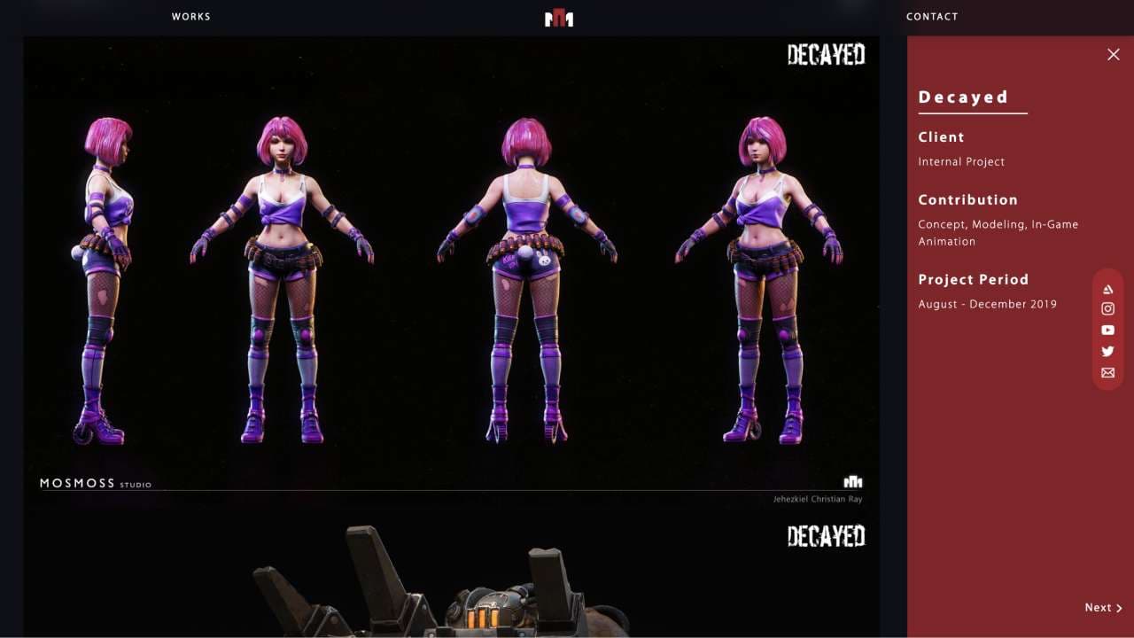 A project detail page with a 3D character turnaround and the project’s credits.