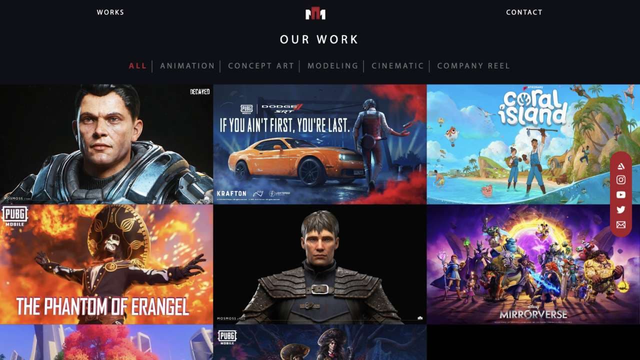 “Our Work” grid of game and animation projects with type filters.