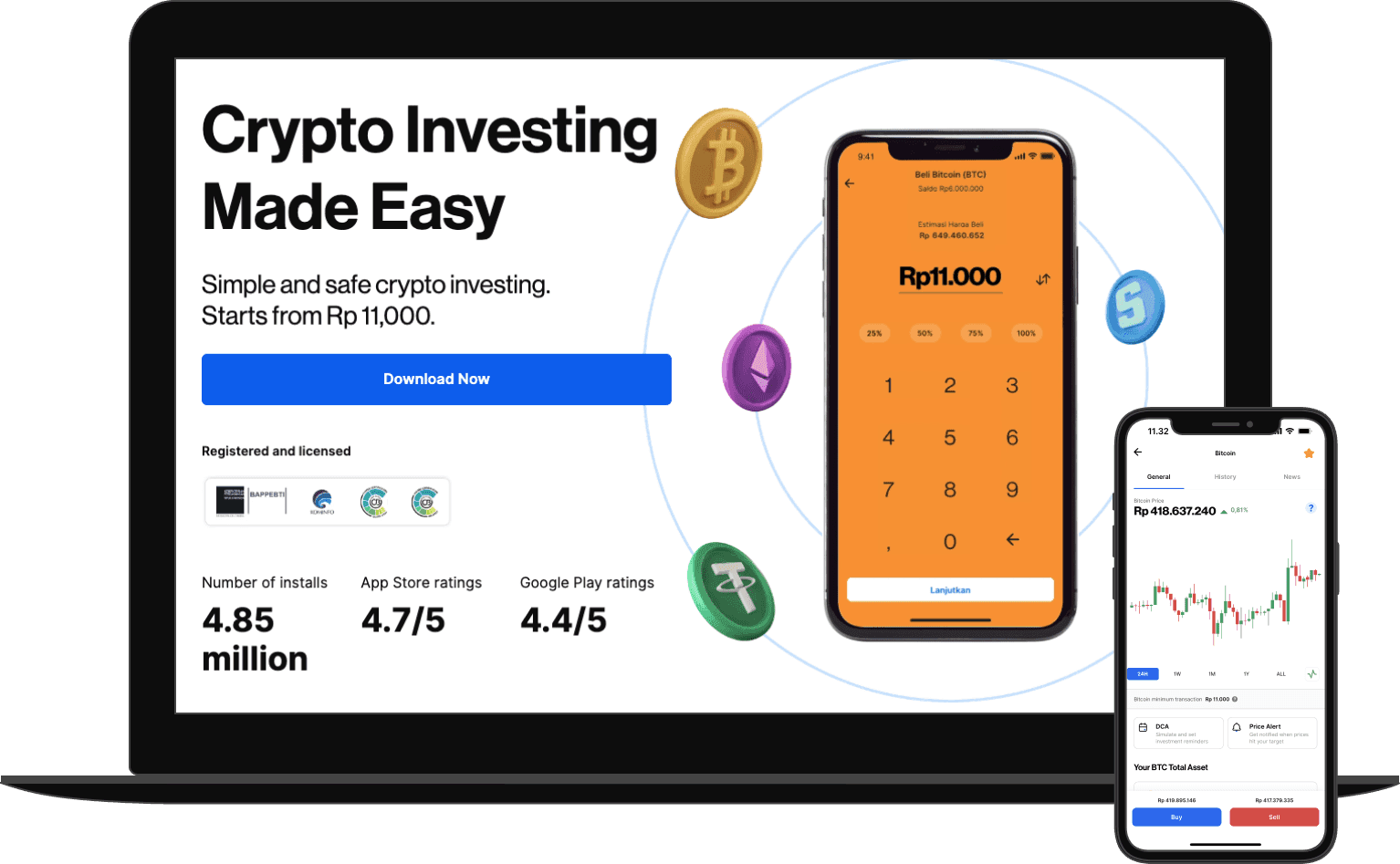 The Pintu marketing site on a laptop, “Crypto Investing Made Easy”, with the trading app on a phone.