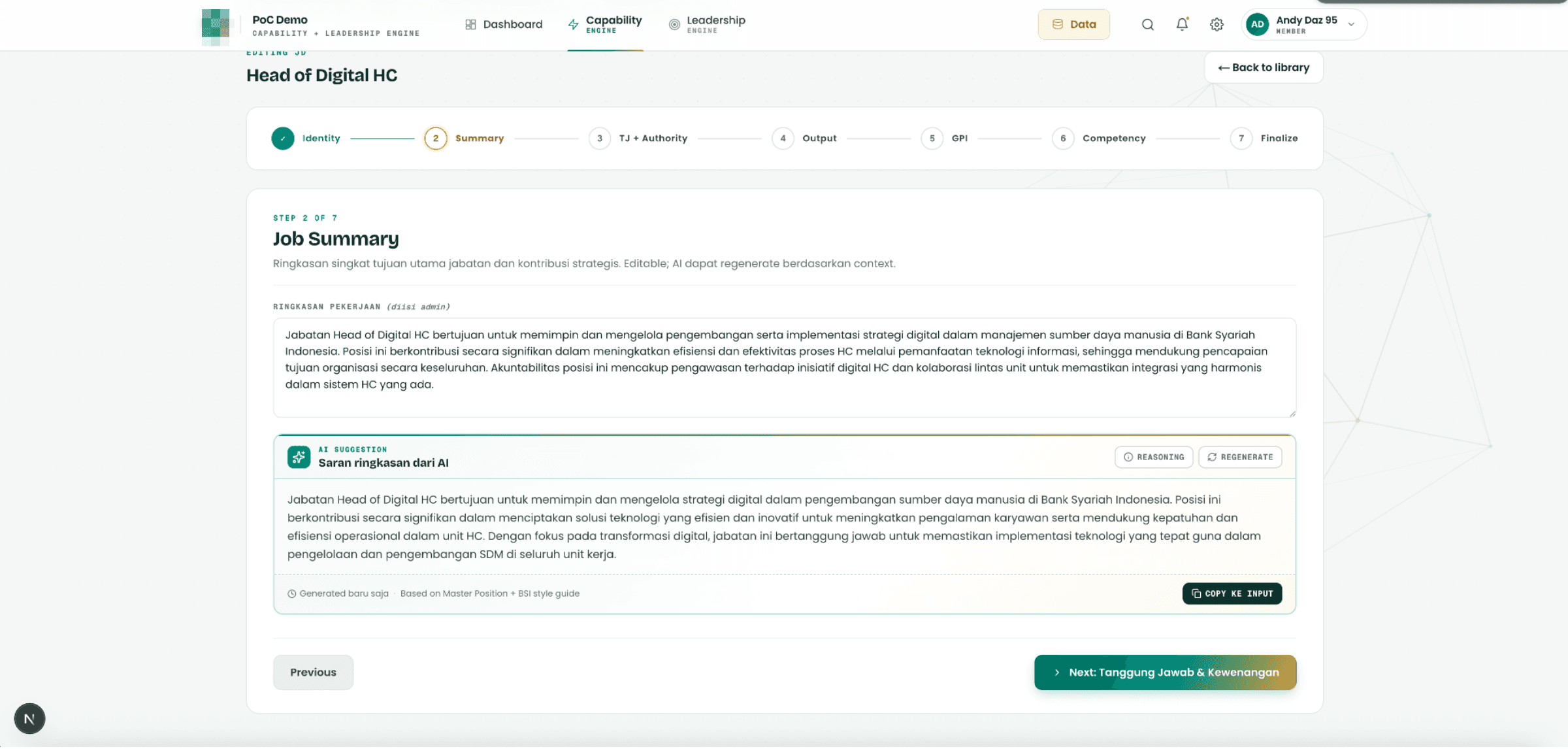 A single position’s job summary, drafted step by step with an AI suggestion panel.