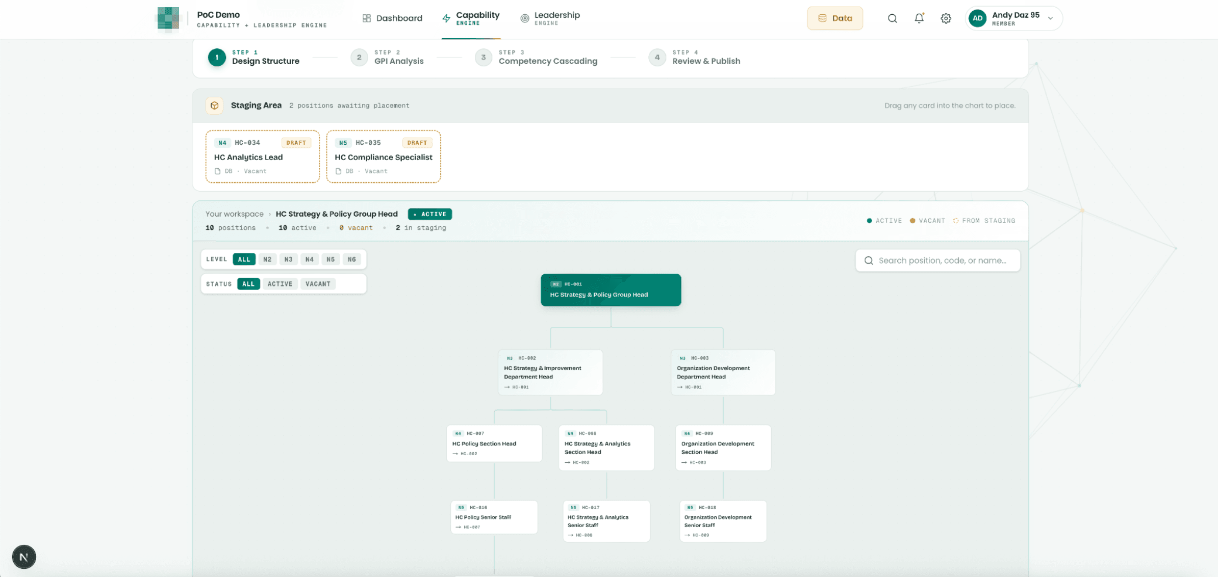 Org structure designer showing positions as connected boxes in a tree.