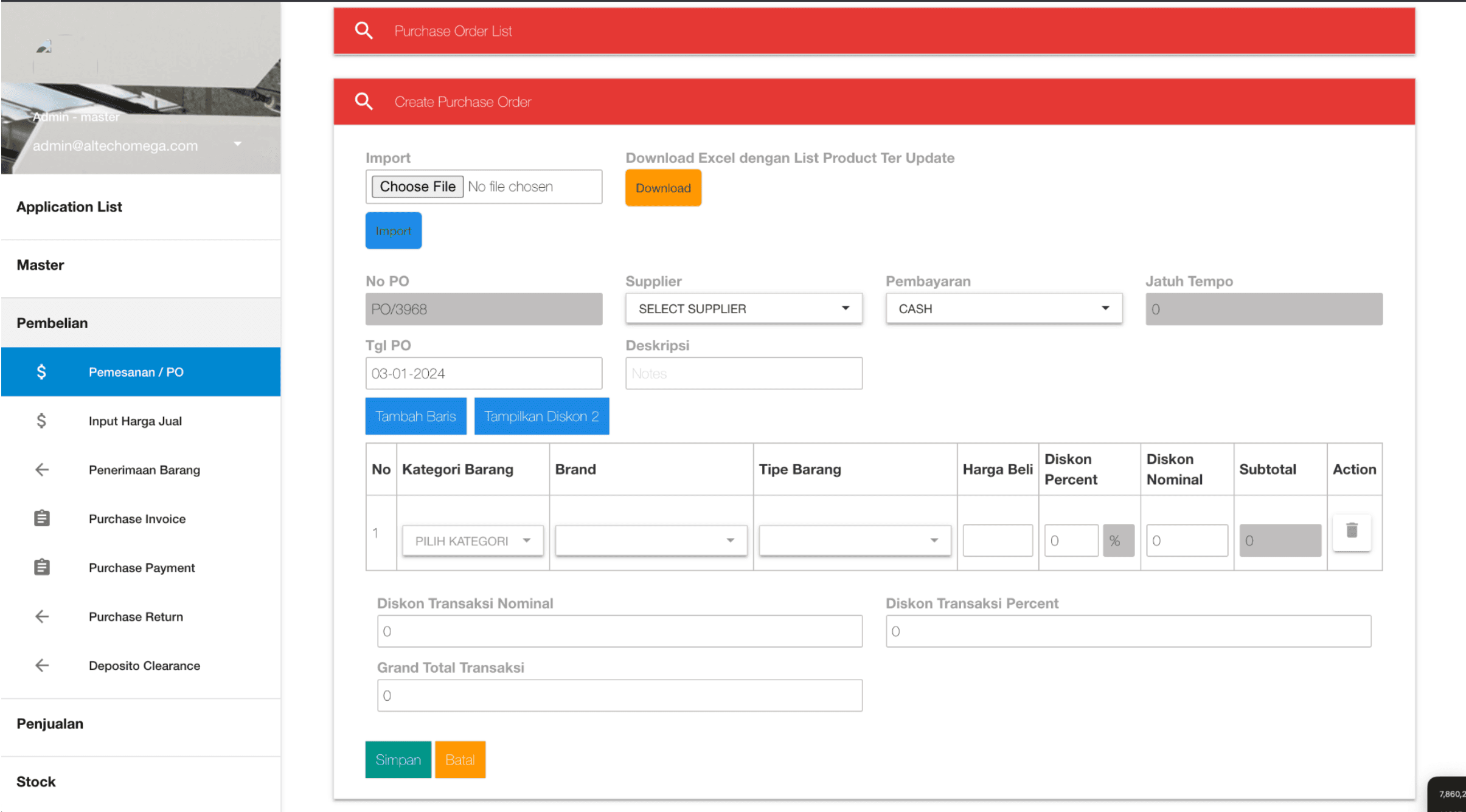 Purchase order form with supplier, payment method and a table of line items.