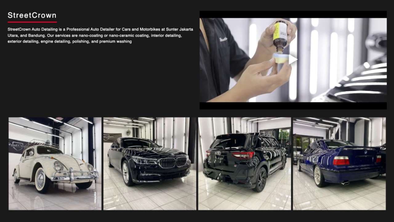 About section with a video still and a row of photos of finished cars.