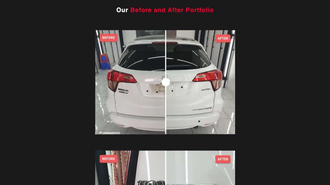 A before-and-after slider splitting one car down the middle.