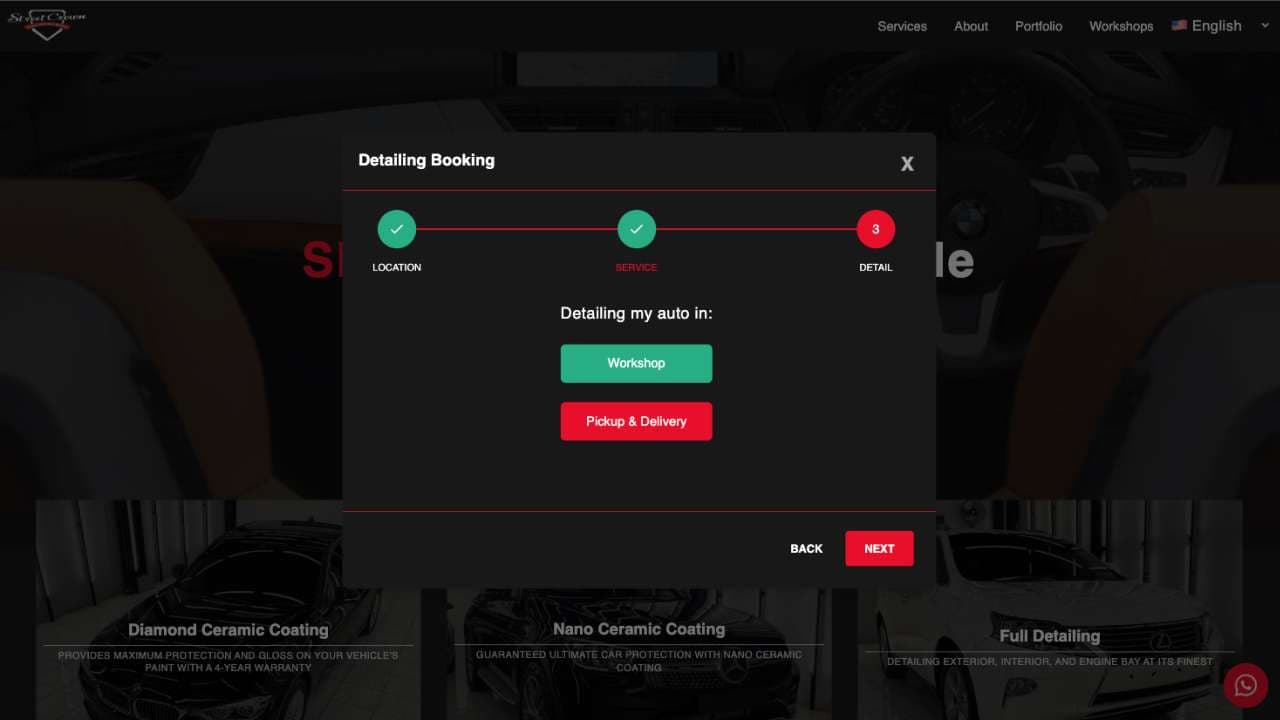 Booking modal on its second step, choosing between workshop and pickup and delivery.