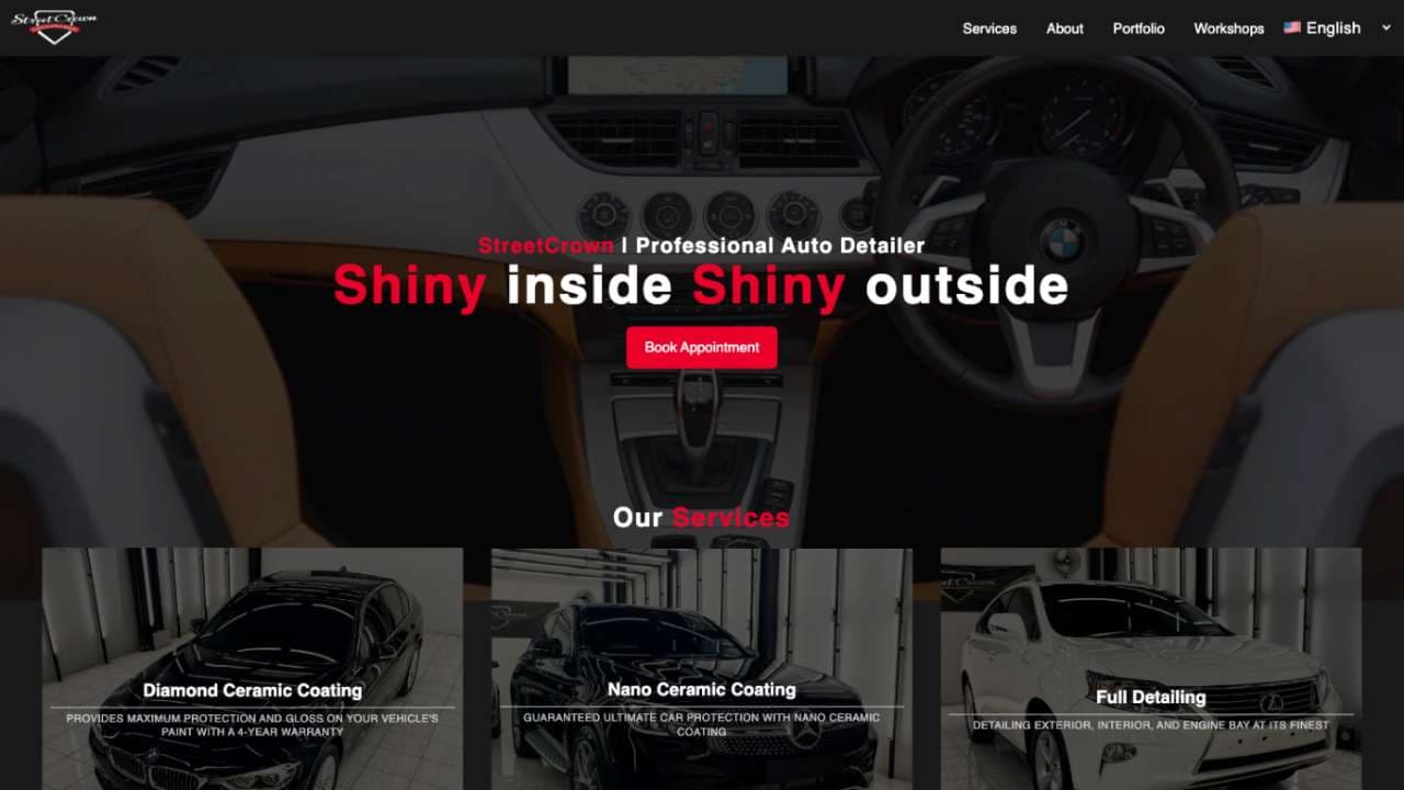 StreetCrown home page, “Shiny inside, shiny outside”, above three service cards.