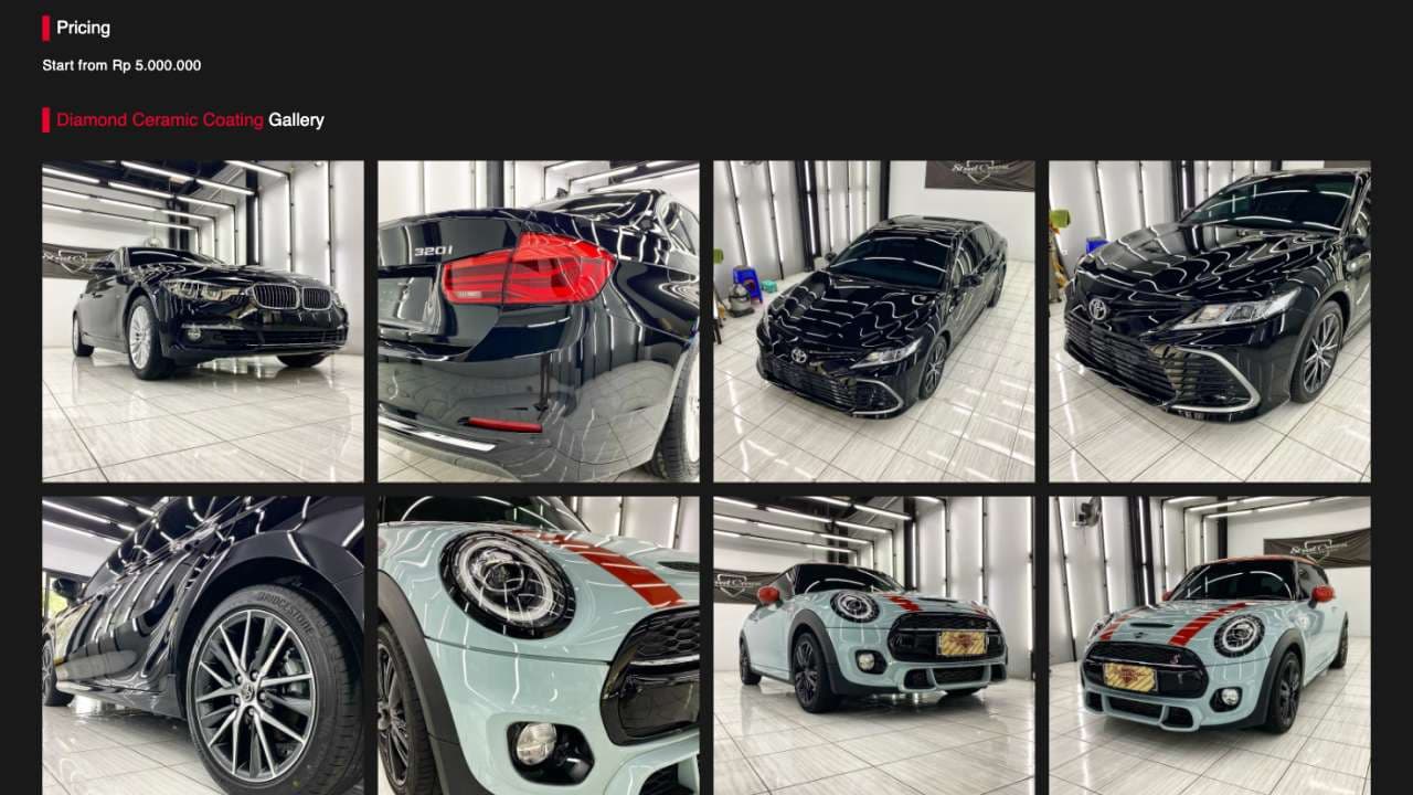A service page with its starting price and a gallery of detailed cars.