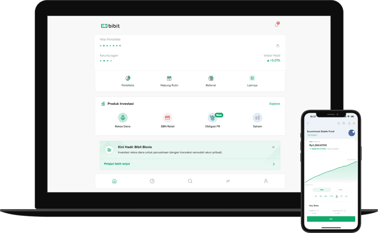 The Bibit app on a laptop and a phone, showing a portfolio balance and investment products.