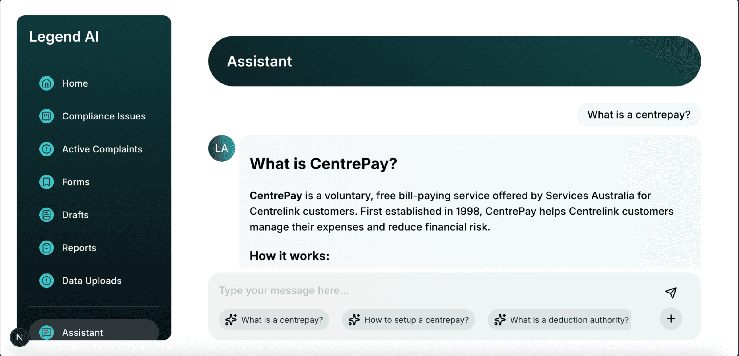 The assistant panel answering a question, beside the app’s navigation for compliance issues, complaints and forms.