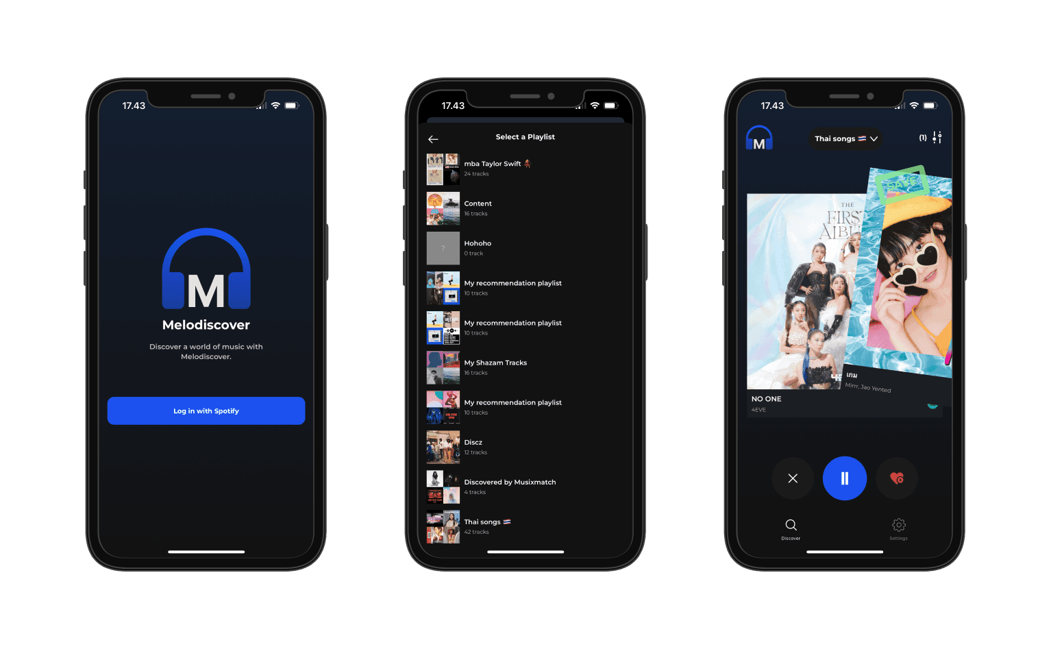 Three phone screens: Spotify sign-in, a playlist picker and a track card with save and skip buttons.